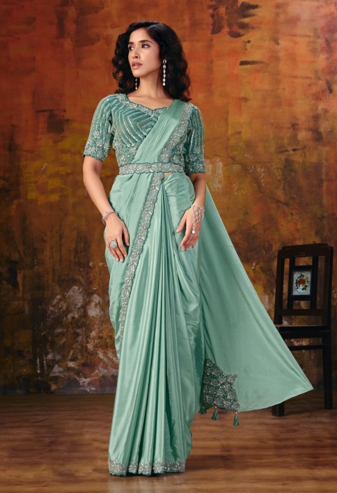 Sea Green Embroidered Wedding Party Designer Saree